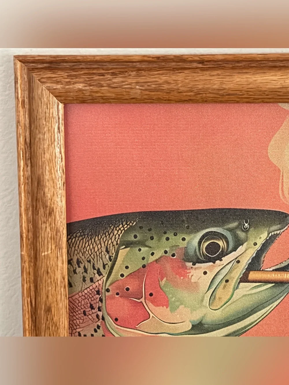 Trout Fish Smoking a Cigarette Vintage Style Canvas Wall Art Print Wood Framed